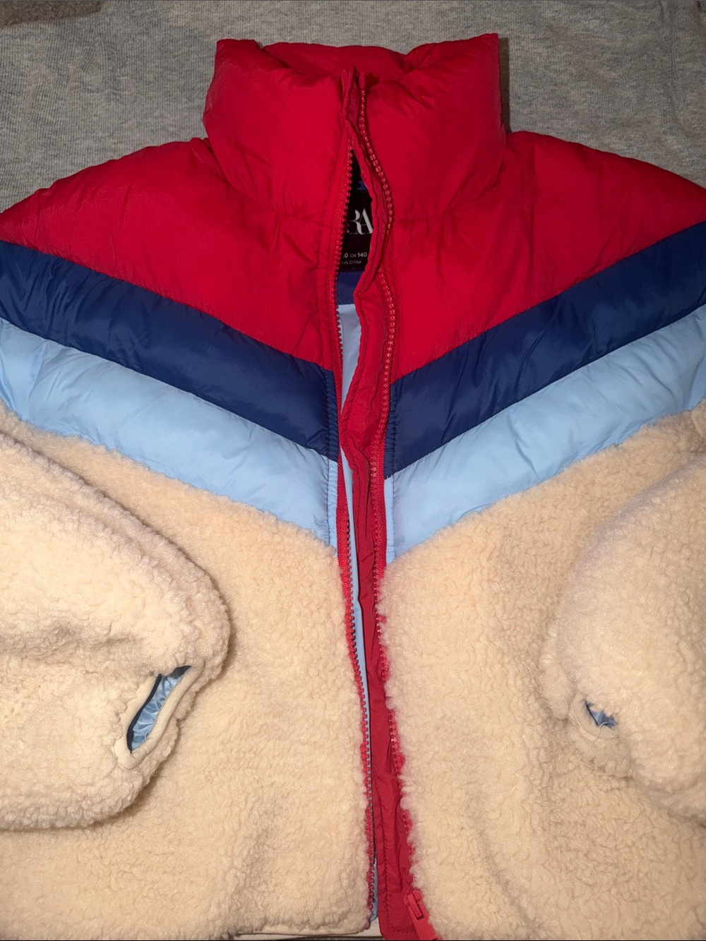 Zara Girls Colorblock Puffer & Sherpa Jacket - Red, Navy, Light Blue, Cream